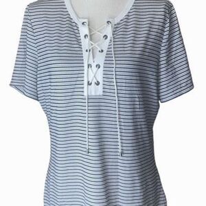 St. John Womens Navy White Striped Lace-Up Top Size Large